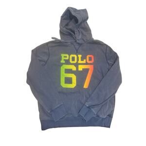 Polo Ralph Lauren Logo Fleece Hoodie Mens Large Pullover Pockets Blue Polo 67